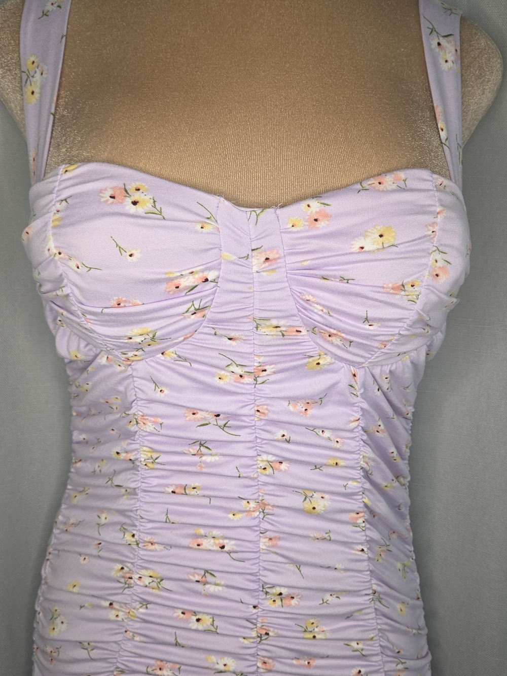 Haute Monde Ruched Lilac Floral Bodycon Dress Size L Large - Picture 2 of 8